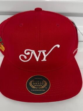 Red Snapback Hat with White Embroidery and Field-Grade Tag